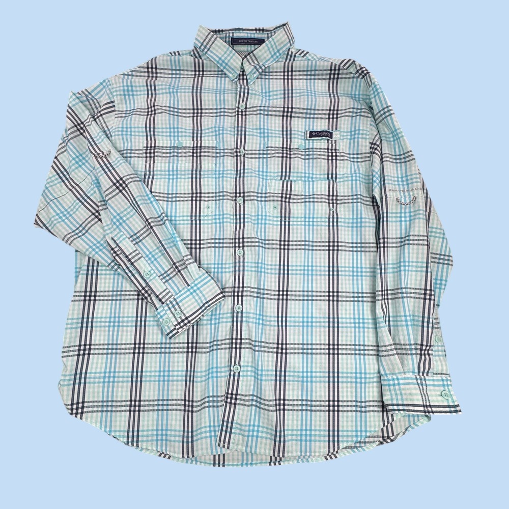 Columbia PFG Super Tamiami Mens XXL Blue Plaid LS Vented Fishing Shirt UPF 40